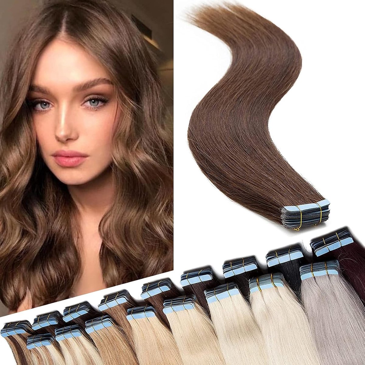 40 Stück Tape in Extensions Echthaar 2.5g/pcs Klebeband Haarverlängerung 100% Remy Haar 40cm, Middenbruin, Inclusief Extra Tressen en Tapes