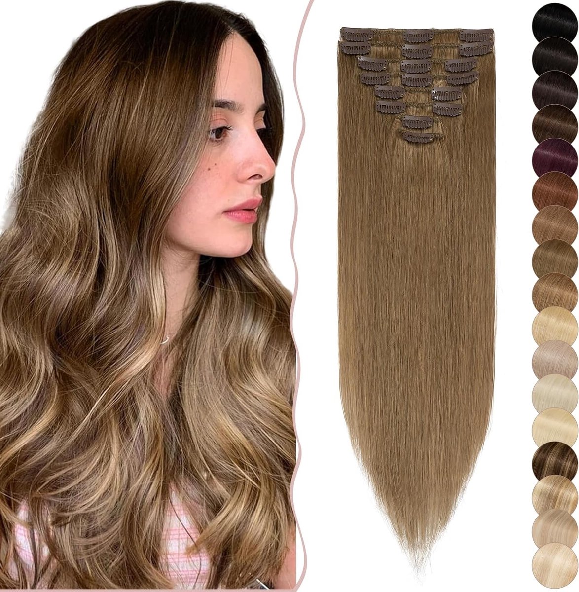 Clip-In Echte Haar Extensions 8-delige Set Goedkope Remy Haarstukjes Zacht Lichtbruin 30cm (12") - 55g voor Volumineus Haar en Stijlvolle Looks