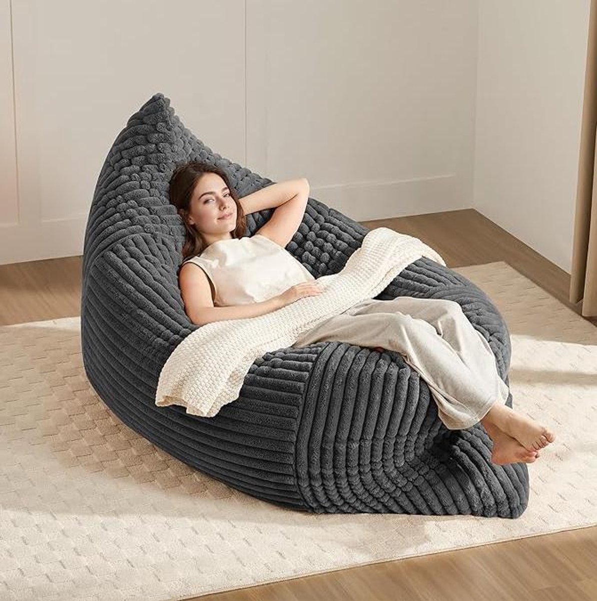 MODENUIT Zitzak 50 x 40 x 26 cm - Omvormbaar tot Stoel, Bank en Bed - Voor Binnen - Ribstof Donkergrijs