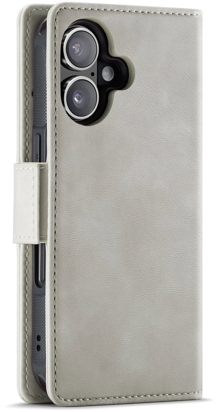 Lichtgrijs portemonnee hoesje voor telefoon, gesloten, met een beige buitenkant en dubbele camera-uitsparing.
