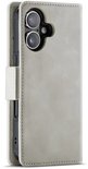 Lichtgrijs portemonnee hoesje voor telefoon, gesloten, met een beige buitenkant en dubbele camera-uitsparing.