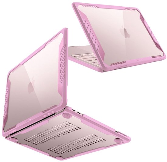 Étui rose pour MacBook Neo 13 pouces, vu de face et de trois quarts supérieur.