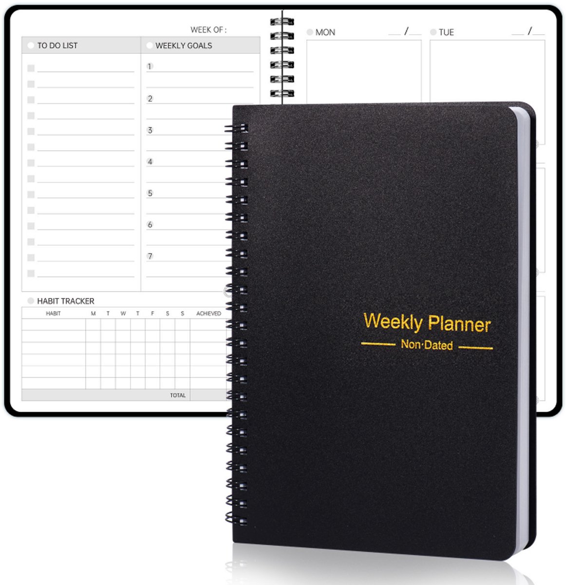 Bobypet - Undated Weekly Planner A5 - Weekplanner Zonder Datum met Habit Tracker & Doelen Organizer - Spiraal Notitieboek voor Werk, School & Studie -zwart