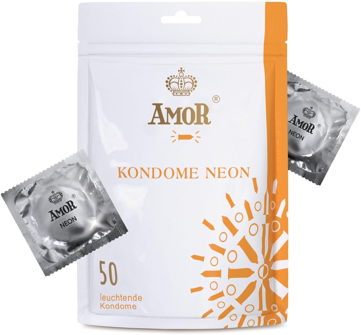 AMOR Premium Neon Condooms, Met extra dunne of dikke wanddikte, of met noppen lichtgevende condooms, Ø 53 mm, 50 stuks