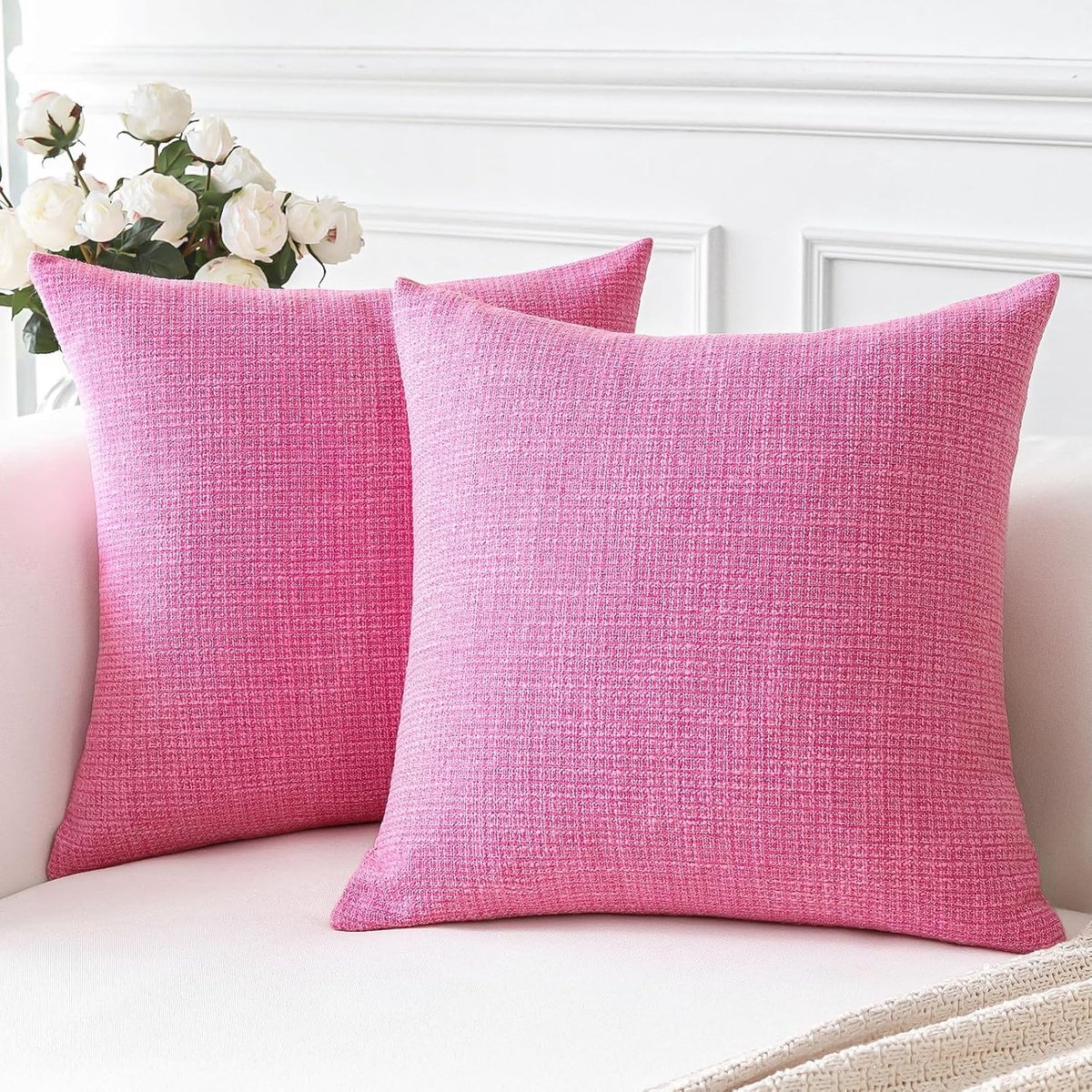 Set van 2 Decoratieve Kussenhoezen van Linnen 40 x 40 cm voor Woonkamer, Slaapkamer en Auto (Felle Roze)