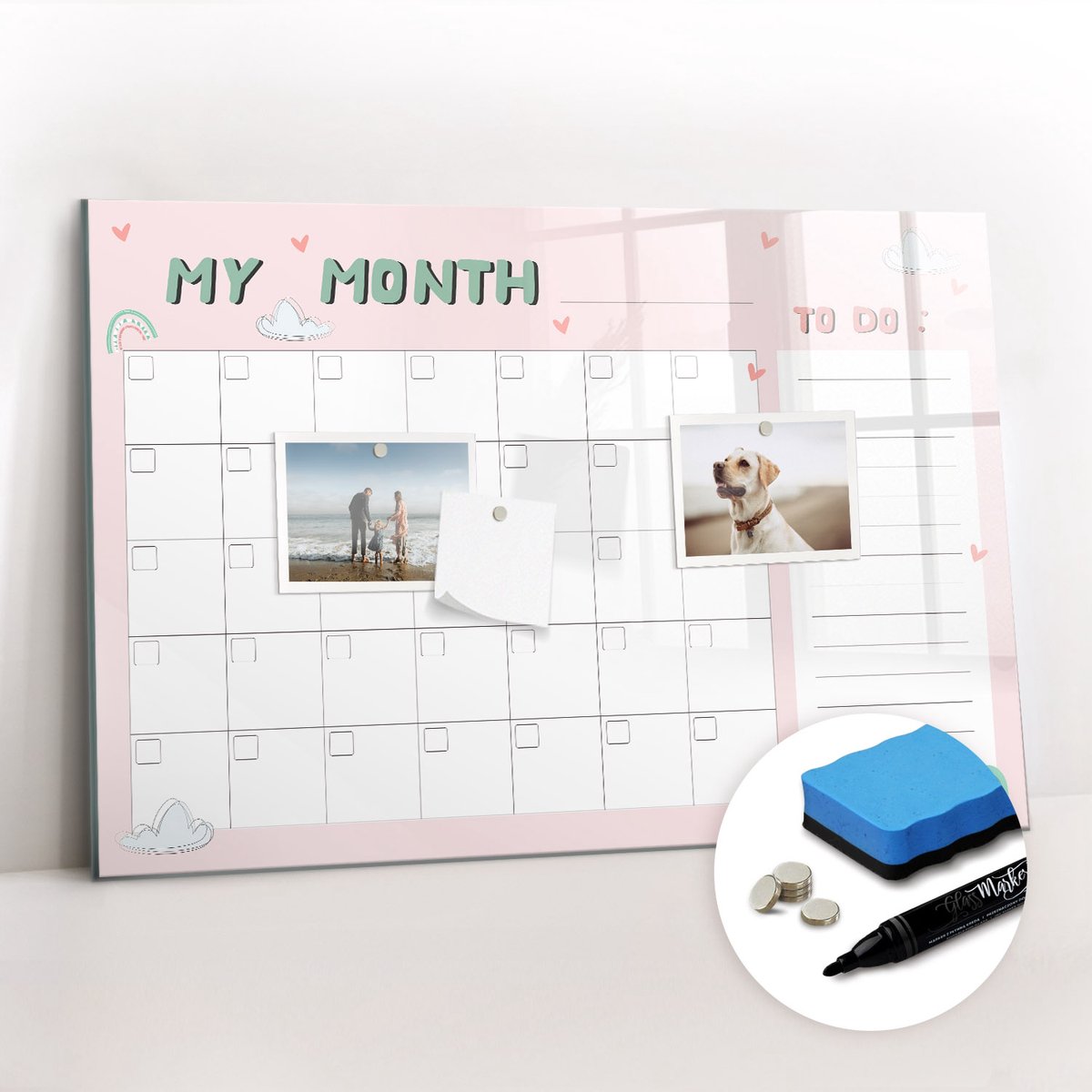 Tulup Whitebord - Maandplanner voor kinderen - 60 x 40 cm - Roze Memo Magneetbord - Gratis 5 Sterke Magneten + Whiteboard Marker & Wisser - Interieur Accessoires Kantoor - Memo Magneetbord - Inspiratiebord Kantoor