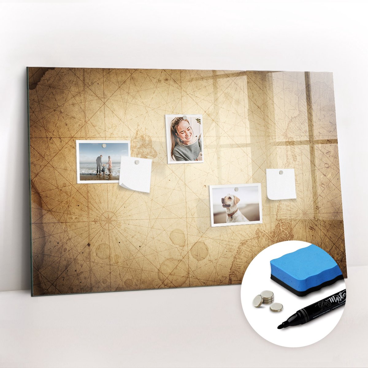Tulup Whitebord - Wereldkaart van het kantoor - 90 x 60 cm - Bruin Magneetbord Keuken - Gratis 5 Sterke Magneten + Whiteboard Marker & Wisser - Moderne Wanddecoratie - Magnetisch Memobord - Planning Muur