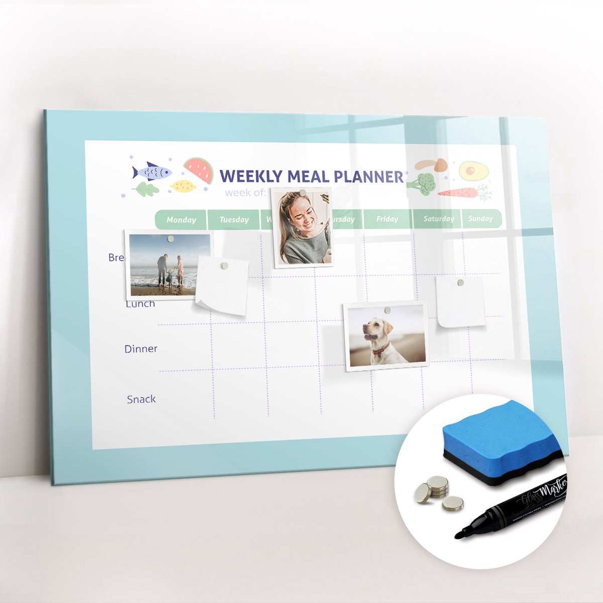 Tulup Whitebord - Maaltijdplanner voor een dieet - 90 x 60 cm - Blauw Magnetic Board - Gratis 5 Sterke Magneten + Whiteboard Marker & Wisser - Decoratief Magnetisch Bord - Magneetbord Rechthoekig - Productiviteit Tools