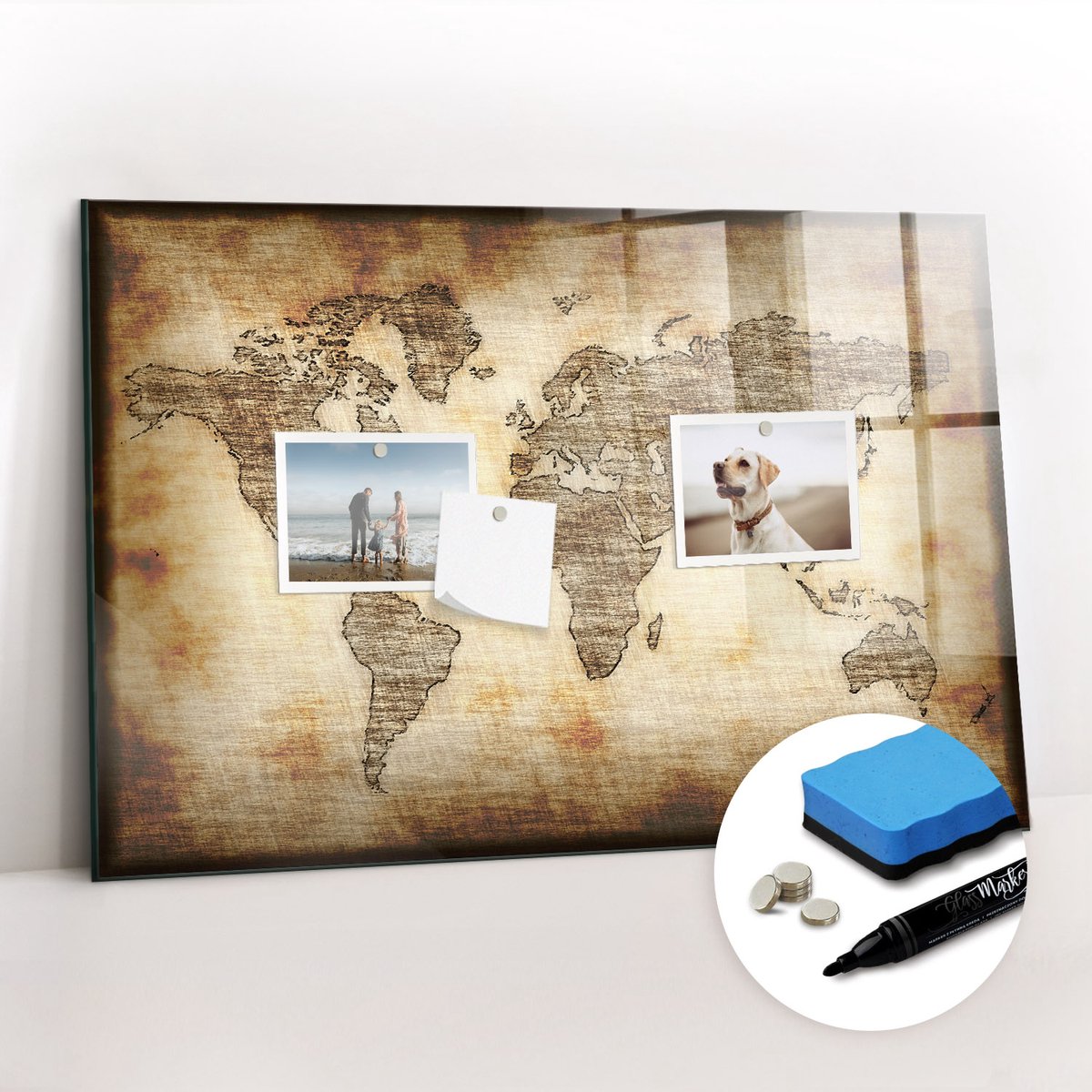 Tulup Whitebord - Archiefkaart van de wereld - 60 x 40 cm - Bruin Decoratieve magneetborden met print - Gratis 5 Sterke Magneten + Whiteboard Marker & Wisser - Stylish Memo Board - Magneetbord Foto - Notitiebord Werkplek