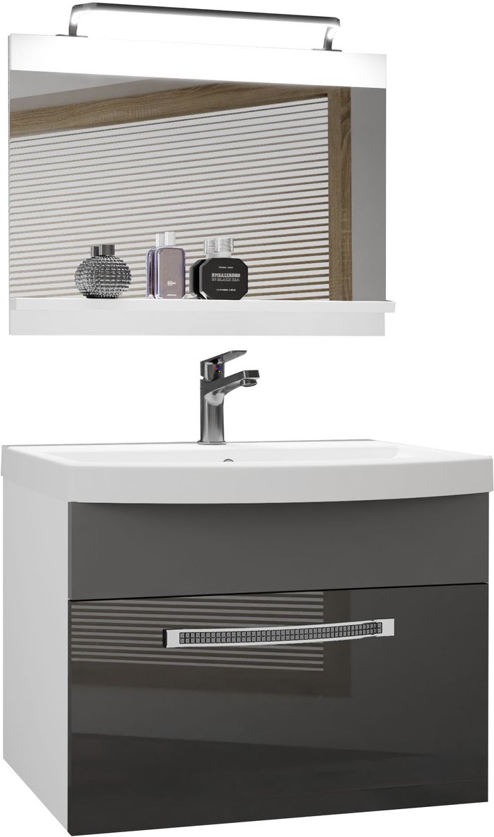 BELINI Badkamermeubel Set GLA PM 1 - Badmeubelset 60 cm Grijs Hoogglans en Mat met Wastafel, Spiegel en LED Lamp - Wandmontage