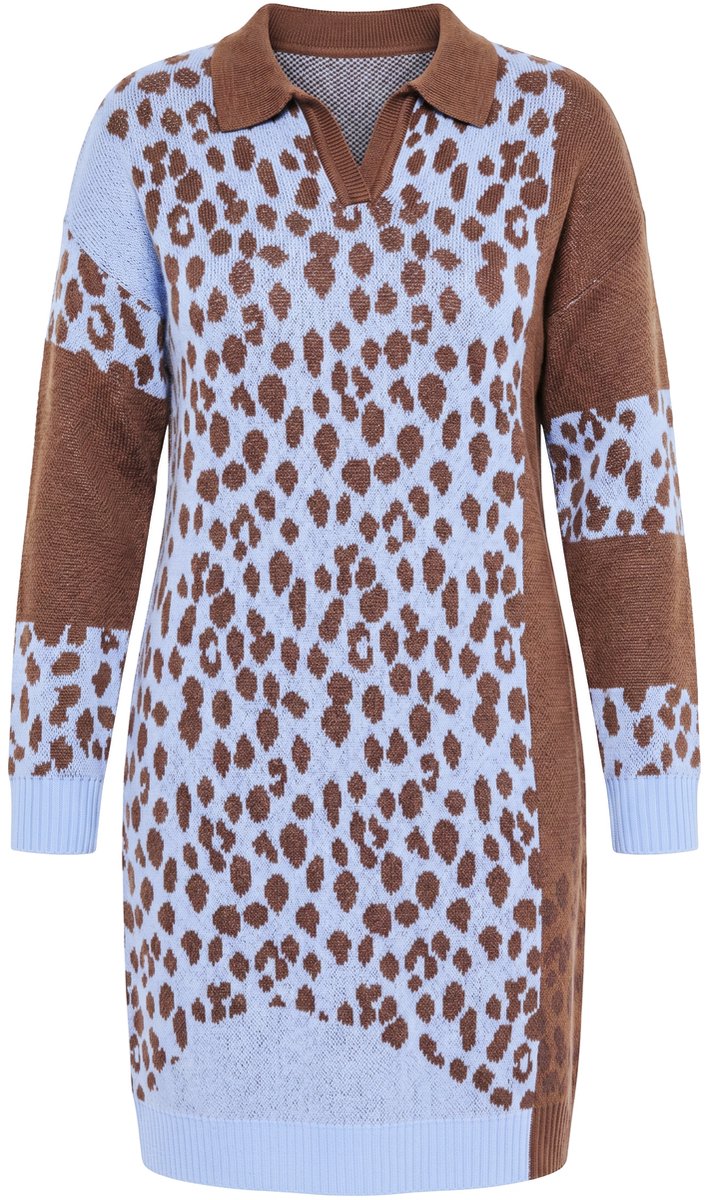 MIAMODA - Dames - Gebreide jurk losse pasvorm motiefmix met luipaardprint - Ochtend blauw - Maat 42+