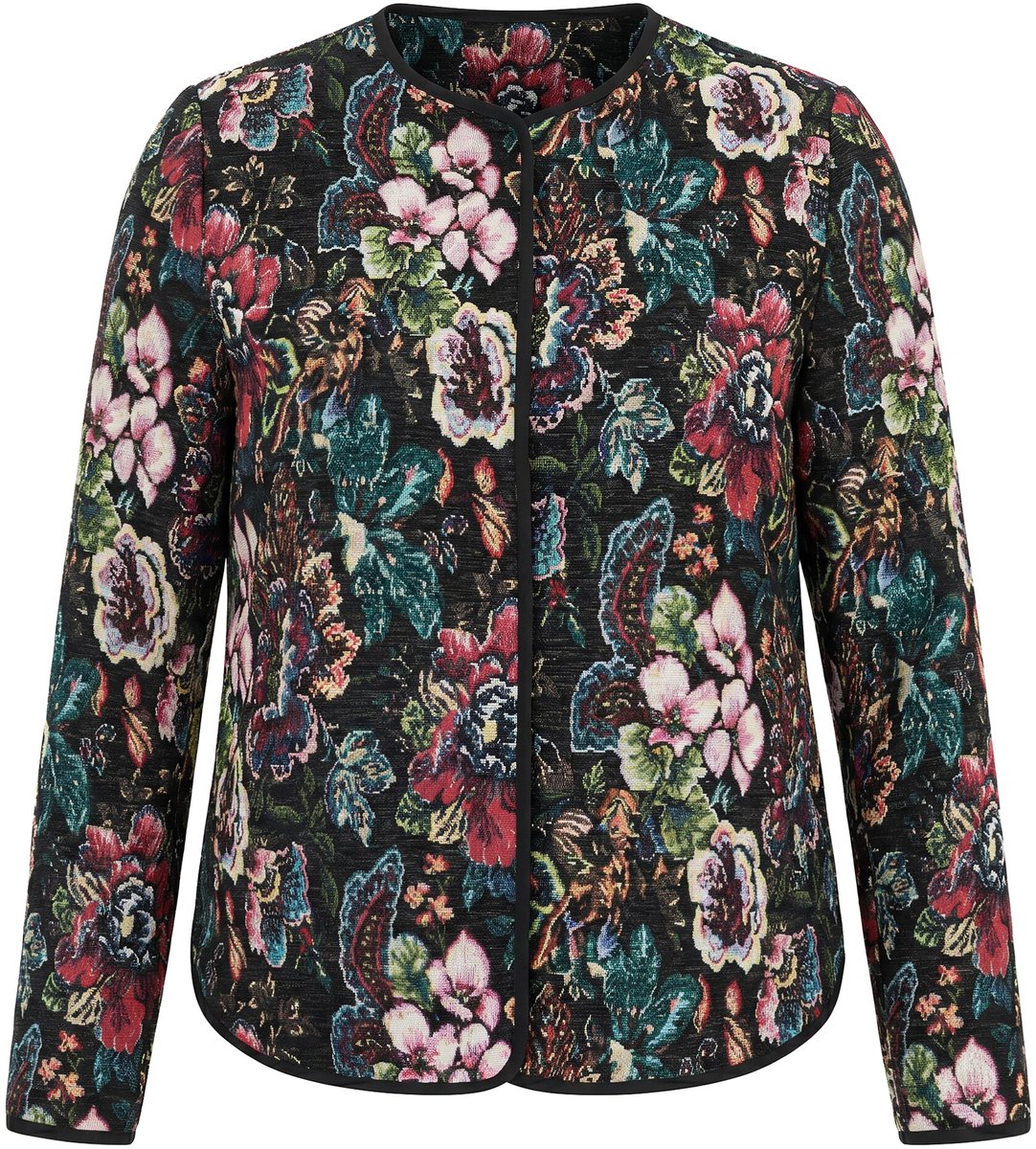 Ulla Popken - Dames - Jacquard jas bloemen biezen ronde hals lange mouwen - Zwart - Maat 58+