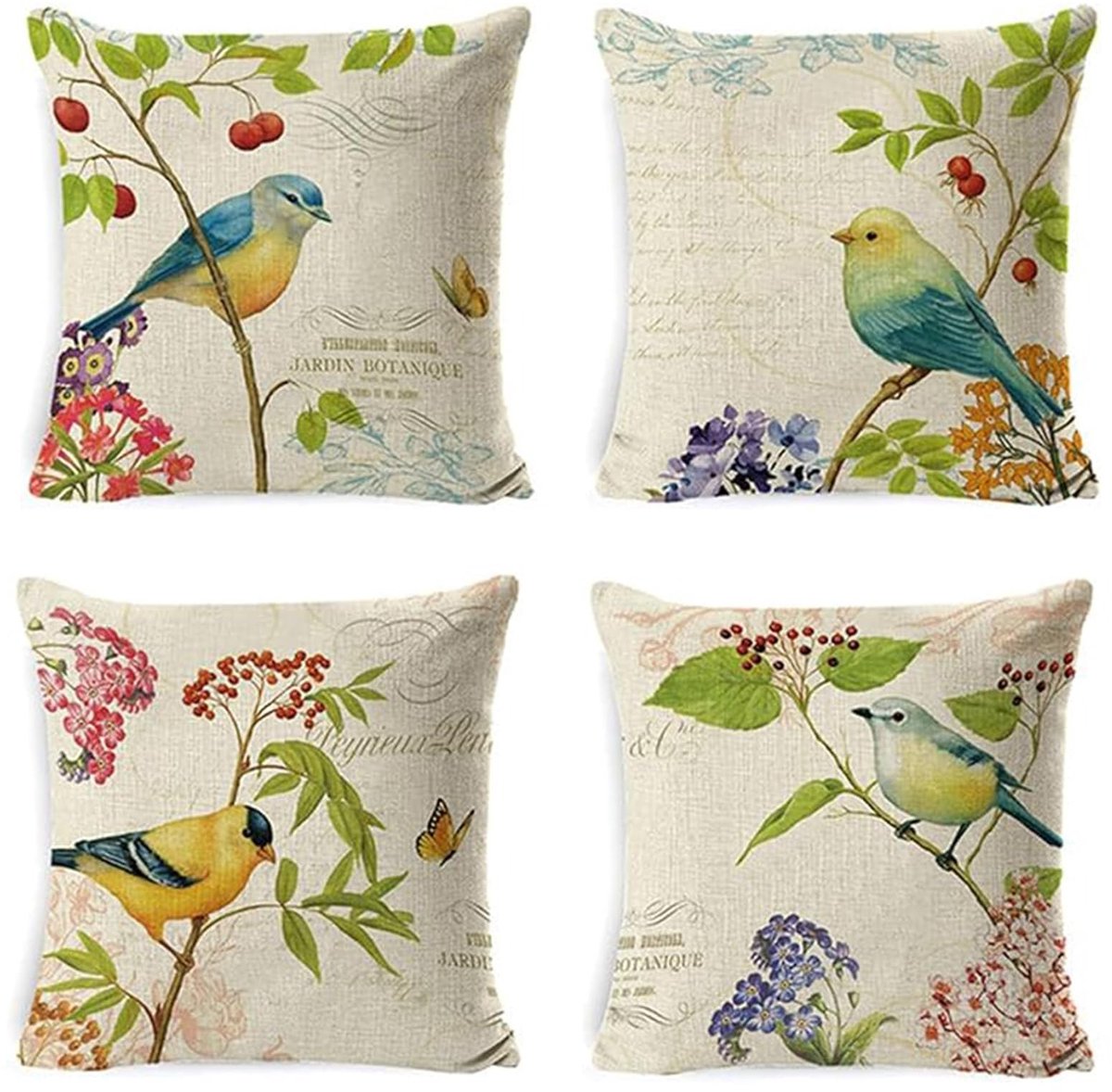 Omgoods - Set van 4 Decoratieve Kussenhoezen 45x45 cm met Bloemen en Vogels