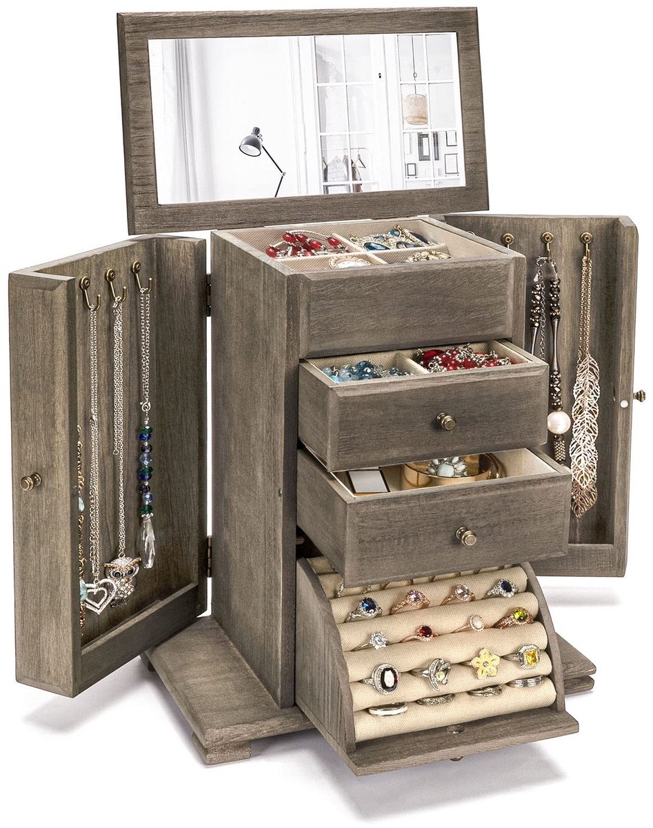 Omgoods - Houten Sieradenbox met Spiegel en 4 Lagen