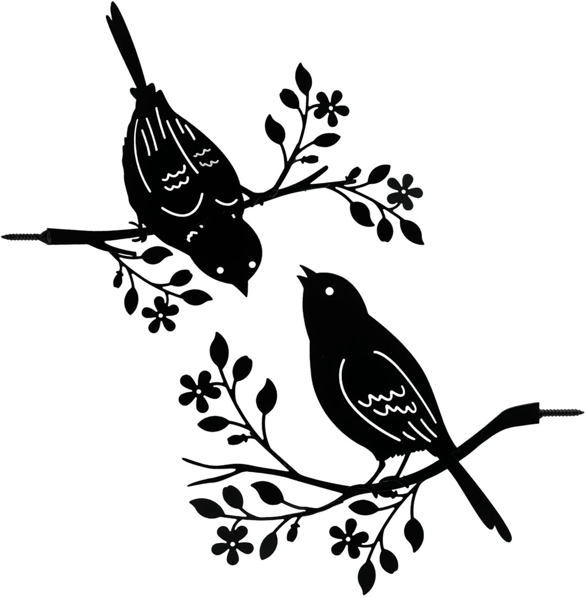 Omgoods- Vogelset 2-delig - Tuindecoratie - Metalen Decoratie - Houten Bevestiging - Zwart Gepoedercoat - Nostalgische Flair