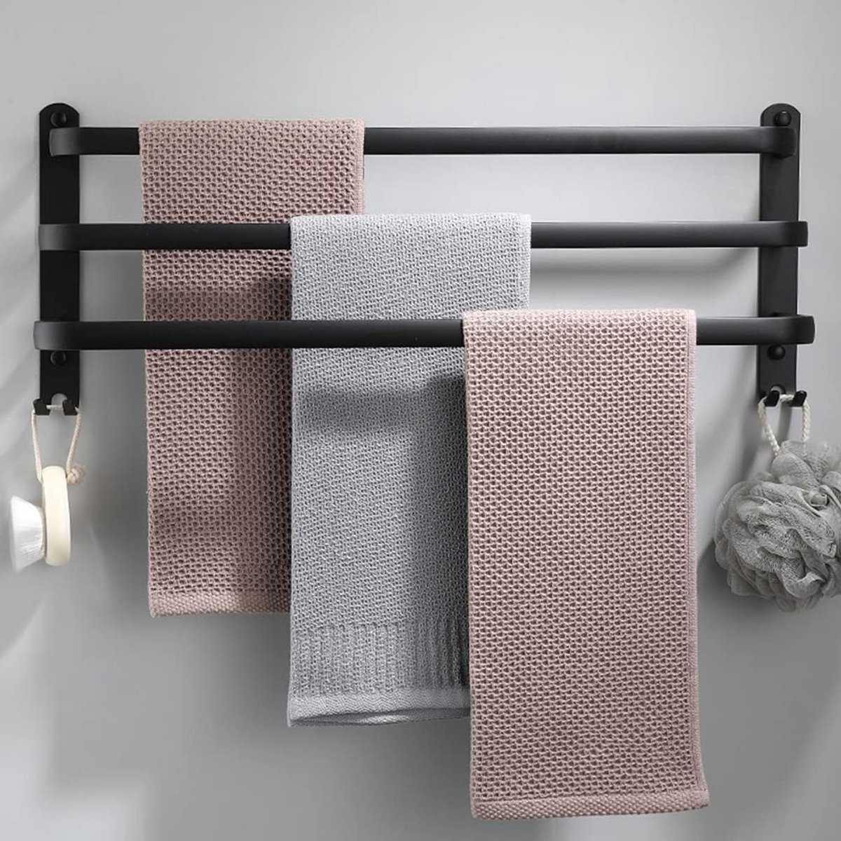 Omgoods - Zwart Handdoekenrek Wandmontage Aluminium 70 cm met 3 Stangen en Haken