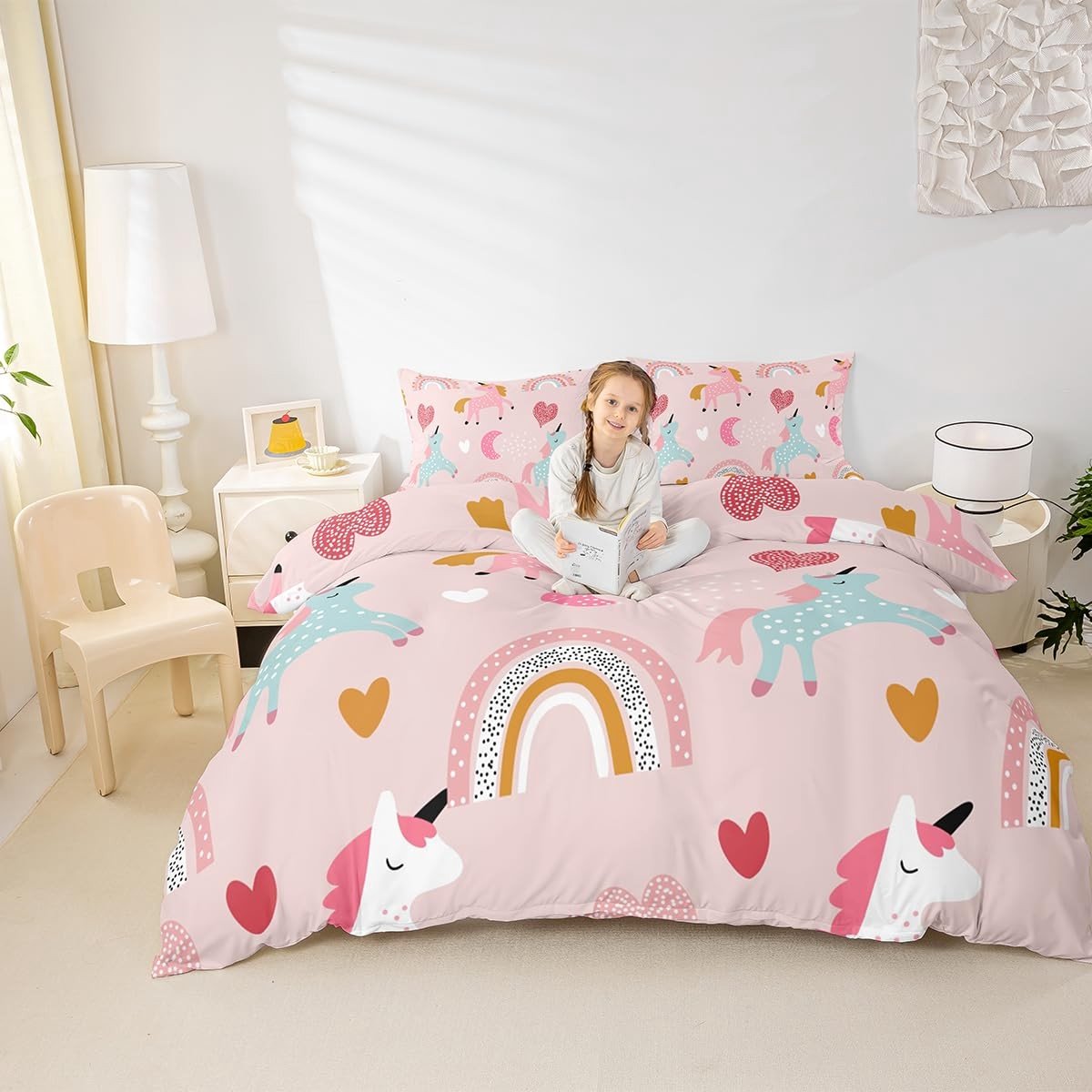 Omgoods - Unicorn Dekbedovertrekset voor Kinderen met Roze Eenhoorns