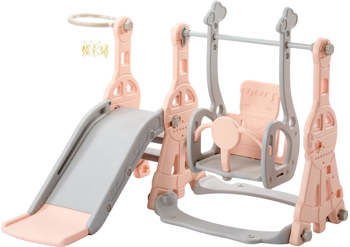 Kinderspeelset Roze – 4-in-1 Speeltoestel met Glijbaan, Schommel, Klimladder en Basketbalring