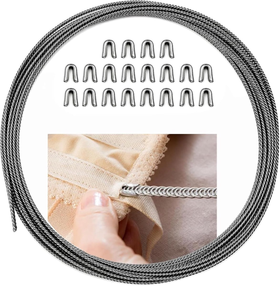 Spiraalvormige metalen staven voor corsetten en rokken, 20 spiraalvormige botpunten, 5 m x 5 mm, robuust en duurzaam, ideaal voor modeprojecten en handwerk.