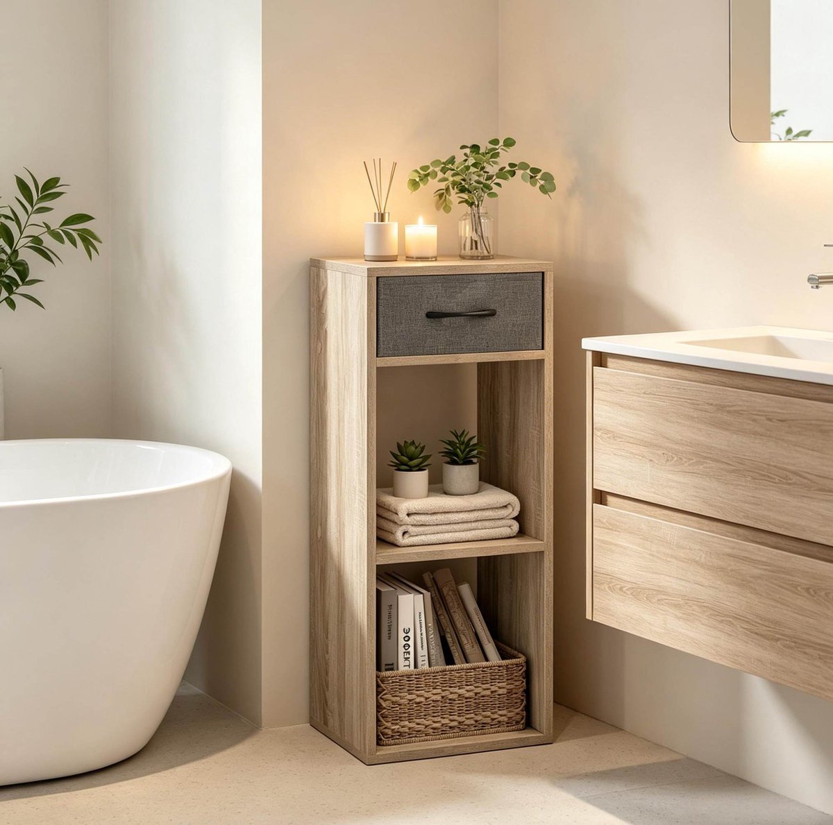HAUSS SPOLE Boekenkast - Open Staande Kast Met Lade - Compact Voor Woonkamer Slaapkamer Of Kantoor - Hout - 32,4x30x80 Cm - Grijs Licht Eiken
