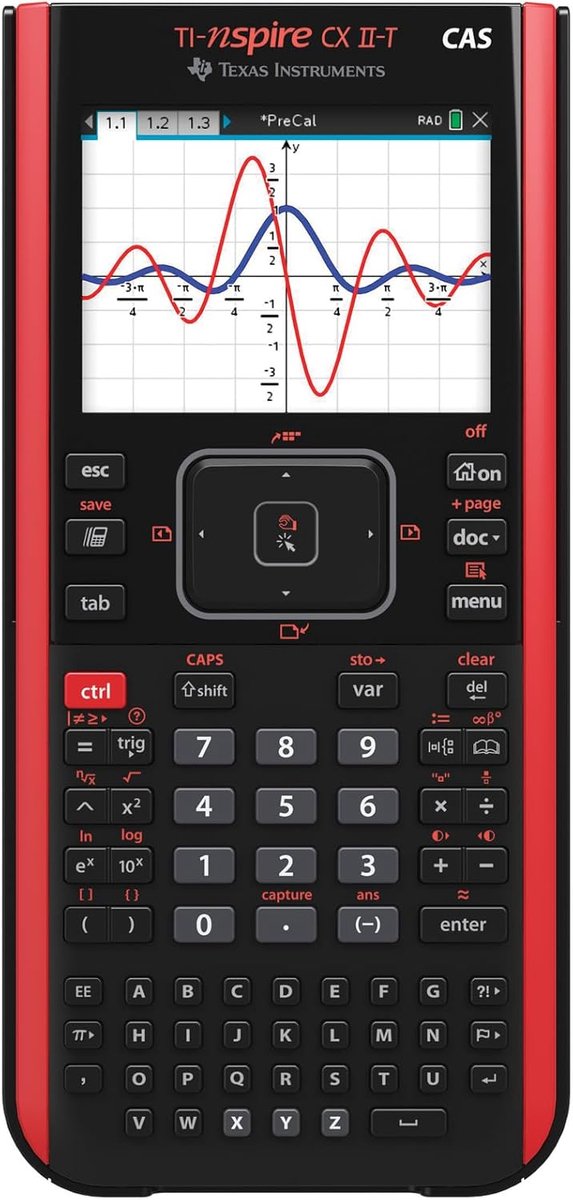 SnelShoppen - Grafische Rekenmachine, Hoog Resolutie Kleurendisplay, TI-Nspire CX II-T CAS, Rood/Zwart, Perfect voor Wiskunde en Wetenschap, 1 Stuk