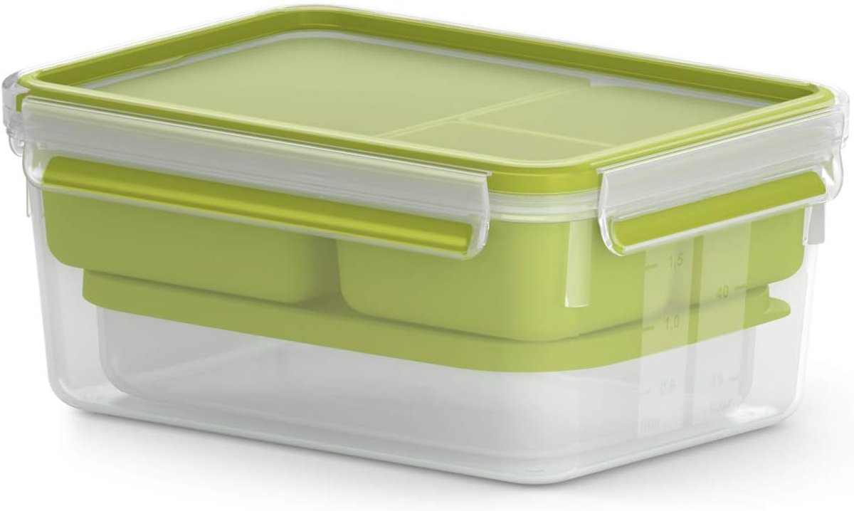 Thijox - Clip & Go Lunchbox 2,2l - Broodtrommel met 3 Inzetstukken - 100% Dicht - Versheidsafdichting - Transparant Lichtgroen - Ideaal voor School, W