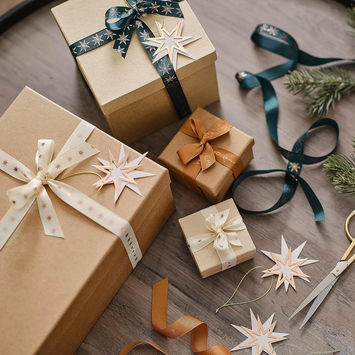 Kerstcadeau Set - Lint Tags - Cadeaus Versieren - Gouden Ster Decoratie - 1 x 9.5 x 8 cm - Goud