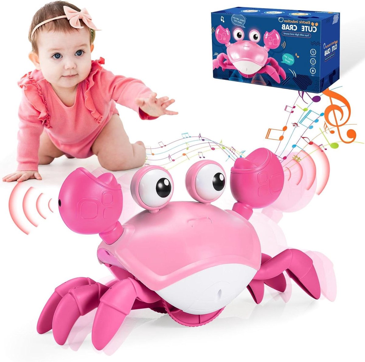 Kruipspeelgoed Baby - Muzikale Krab - Motorische Ontwikkeling - Intelligente Sensor - 22 x 12.5 cm - Wit
