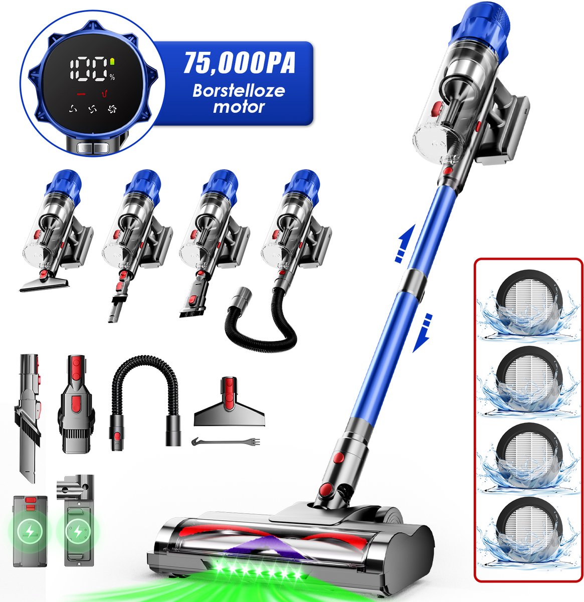 Hiaonyx steelstofzuiger - 9-in-1 steelstofzuiger draadloos - 75000pa - Met dierenborstel - LED Groene Stofdetectielamp - Geschikt voor Tapijten - Harde Vloeren en Dierenharen - 2-liter stofopvangbox - Blauw