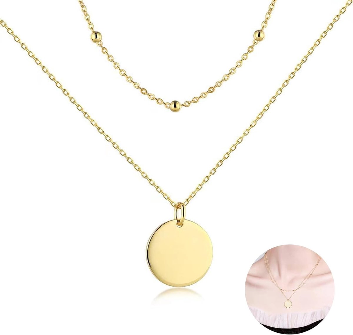 Dubbele Gelaagde Gouden Ketting met Zilveren Kralen en Schijf Hanger - Trendy Choker voor Elke Gelegenheid, Perfect als Sieraad Cadeau