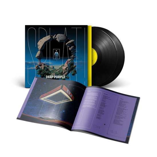 Albumhoes 'Splat!' van Deep Purple met vinyl en open boekje. De hoes toont een surreële landschap met rotsen en een figuur.