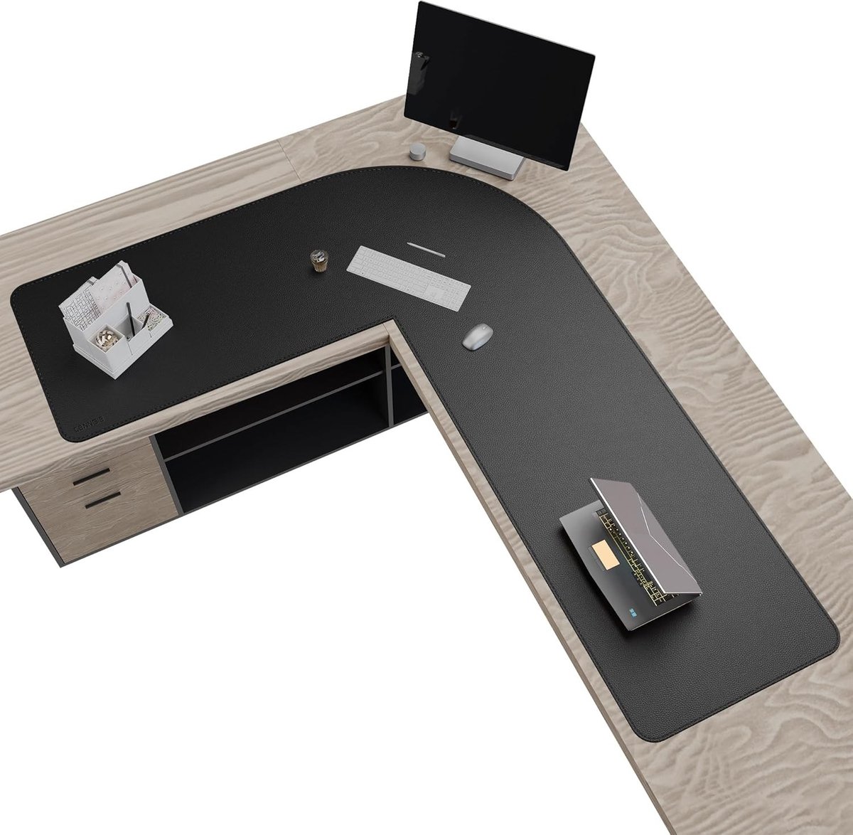 Dubbelzijdige L-vormige leren bureauonderlegger 157x200 cm voor computer en kantoor, zwart