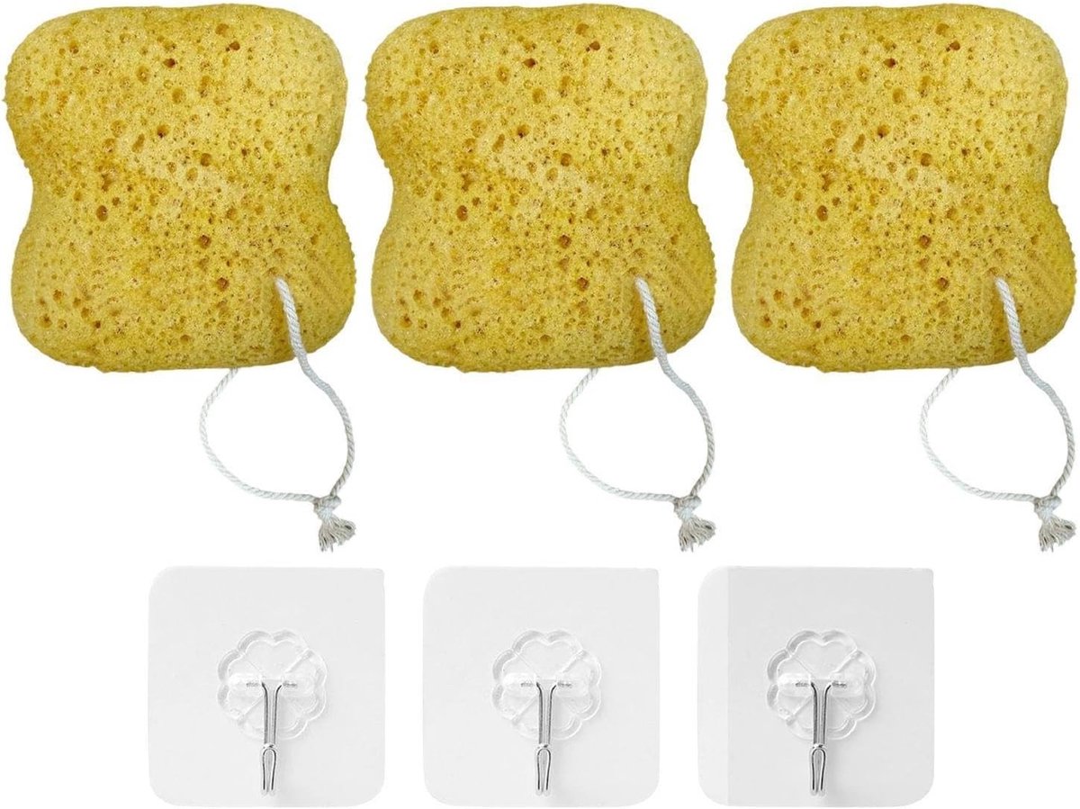 Set van 3 Bad Sponsen met 3 Zelfklevende Haken - Fluffy, Porous en Peeling Spons voor een Verfrissende Doucheervaring