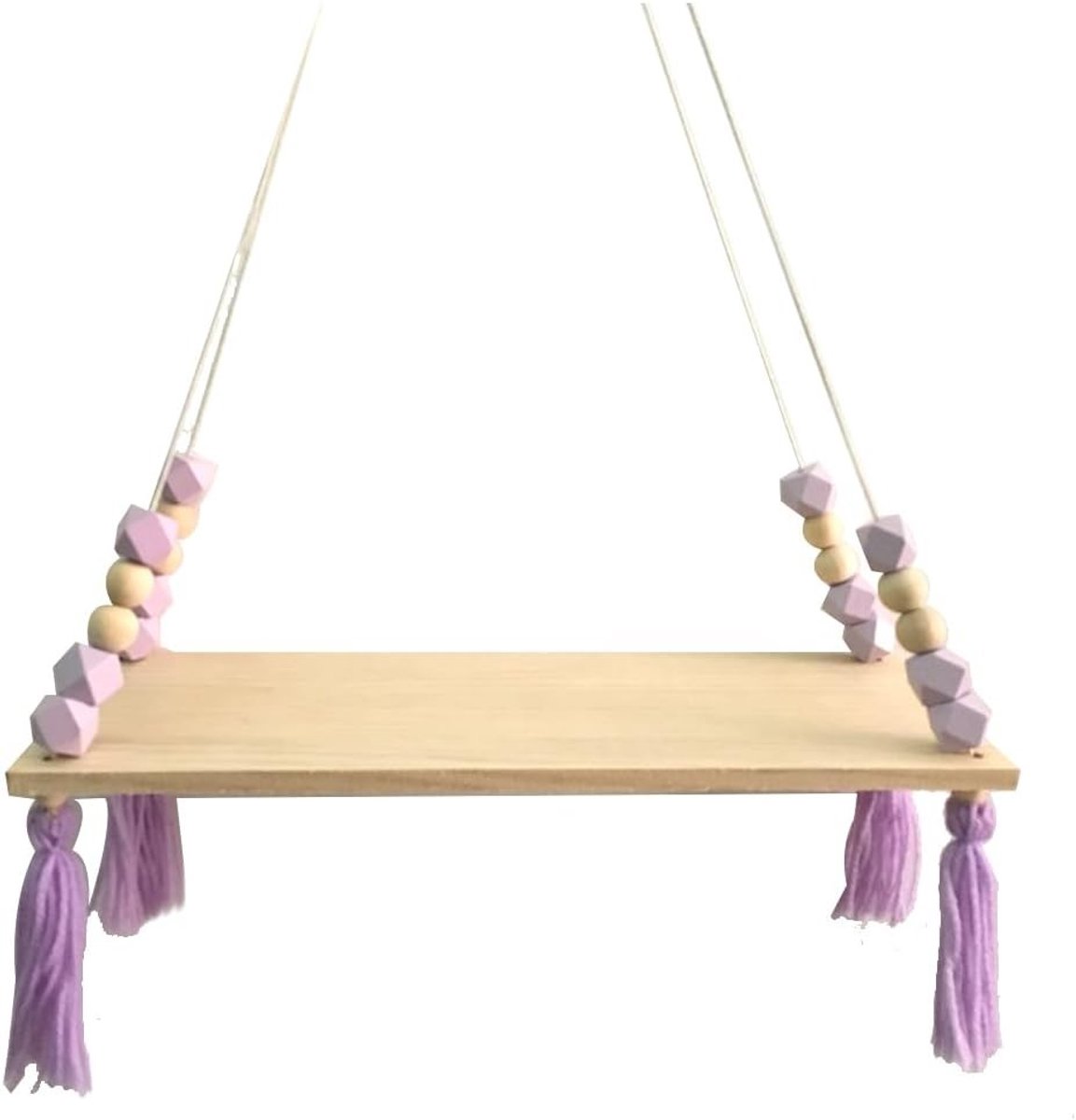 Drijvende Houten Wandplank met Macramé en Kralen, Wanddecoratie voor Badkamer, Woonkamer en Kinderkamer