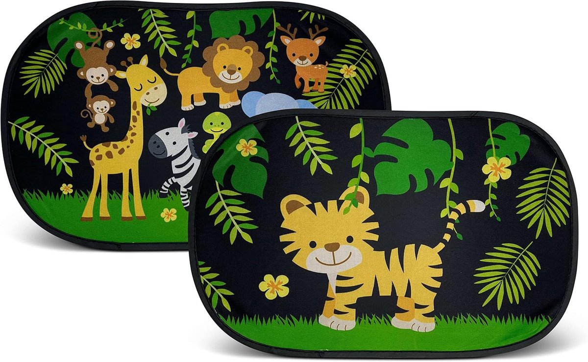 Thijox - 2x Zonneklep Auto met 8 Zuignappen - Jungle Dieren Motief - 48x31cm - Voor Baby Kinderen Meisjes Jongens - Zonbescherming Zijruit Auto - Incl