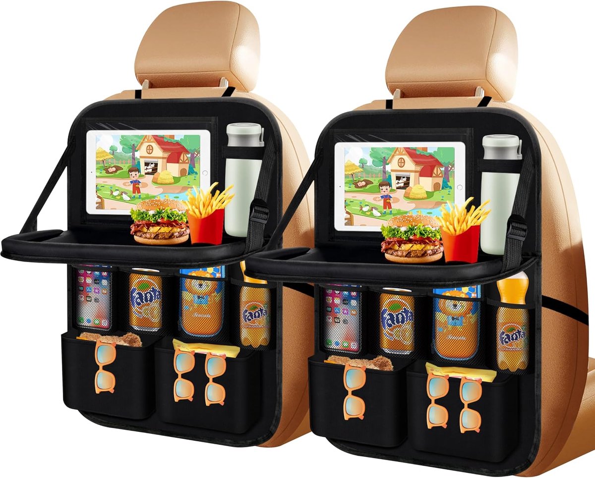 Thijox - Auto-organizer 2 stuks - Grote rugleuningbescherming - Multifunctioneel - Waterdicht - Organizer met klaptafel en tablettas - Zwart - Ideaal