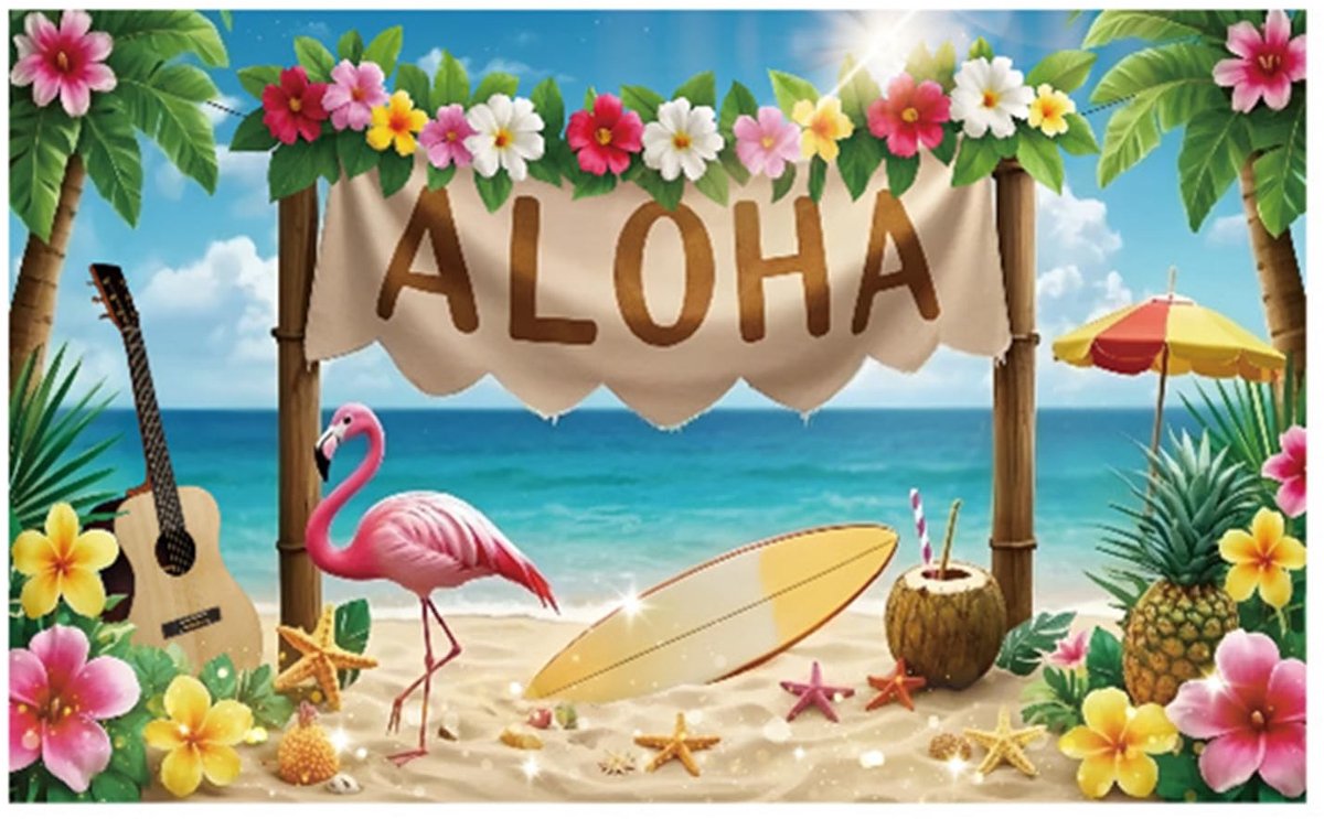 Dailygoods- Strandwanddecoratie Tropisch Hawaii-Motief - Wanddecoratie Hout Natuurlijk - Wanddecoratie Tuin - Wanddecoratie Woonkamer - Wanddecoratie Buiten - Handgemaakt Kunstwerk met Flamingo en Surfplank