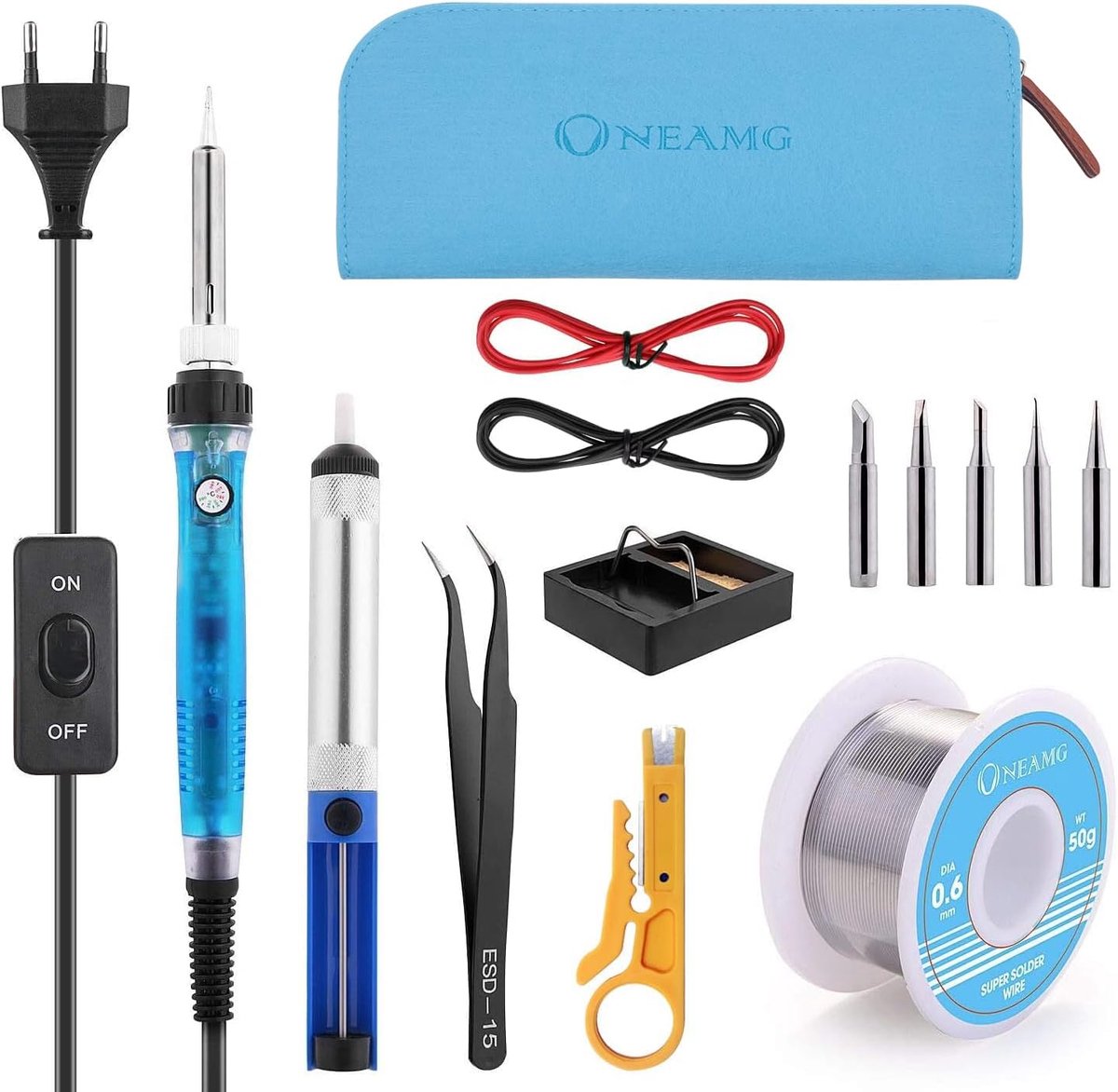 Thijox - Soldeerset 60W Elektrisch met Verstelbare Temperatuur, AAN/UIT-schakelaar, 5 Soldeerpunten, Soldeerpomp, Soldeerdraad, Pincet - Blauw voor Ho