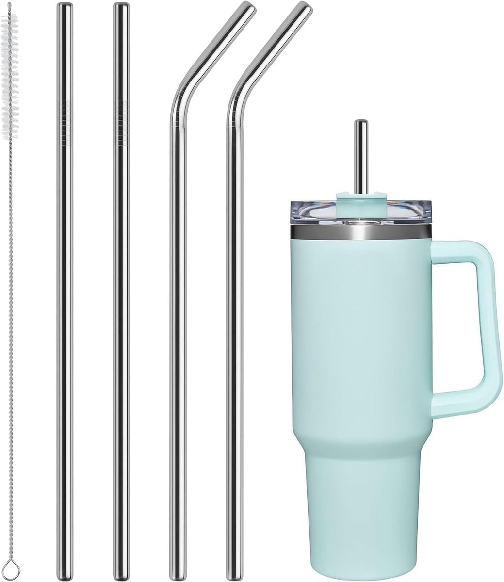 SnelShoppen - 4 Stuks Roestvrijstalen Rietjes - Herbruikbare Vervangrietjes voor 1200ml Beker - Inclusief Reinigingsborstel en Dopjes - Duurzaam en Ve