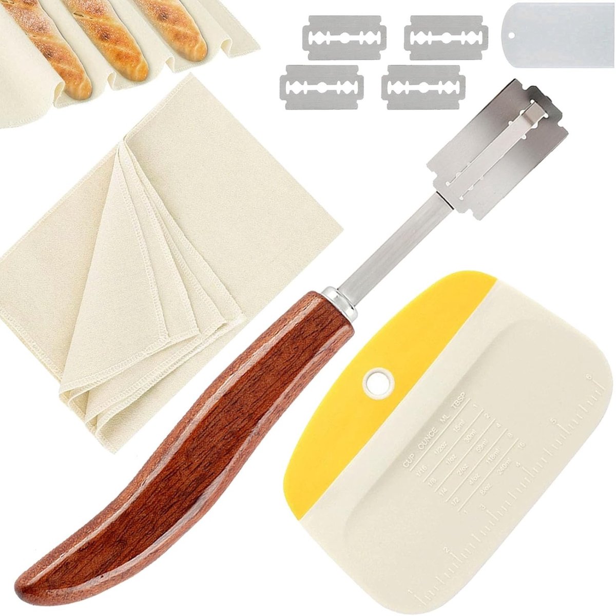 Set van 3 Baguette Messen met Broodsnijder, Deegschraper en Baklinnen - Perfect voor Brood, Deeg en Bakaccessoires, Ideaal voor Thuisbakken en Creatieve Deegpatronen
