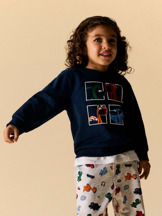 Jongetje met krullend haar draagt een donkerblauwe sweater met dinosaurussenprint en een grijze joggingbroek met dinosaurussen.