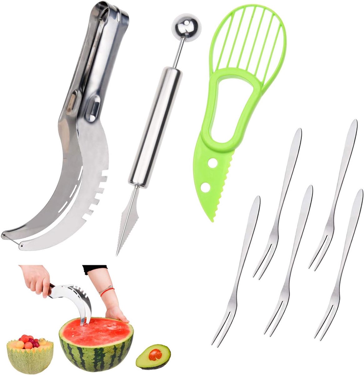 Thijox - Fruitsnijset 2-in-1 Watermeloensnijder van RVS, Meloenballer & Avocado Snijder - 5 Roestvrijstalen Fruitvorken voor Perfecte Schijven en Deco