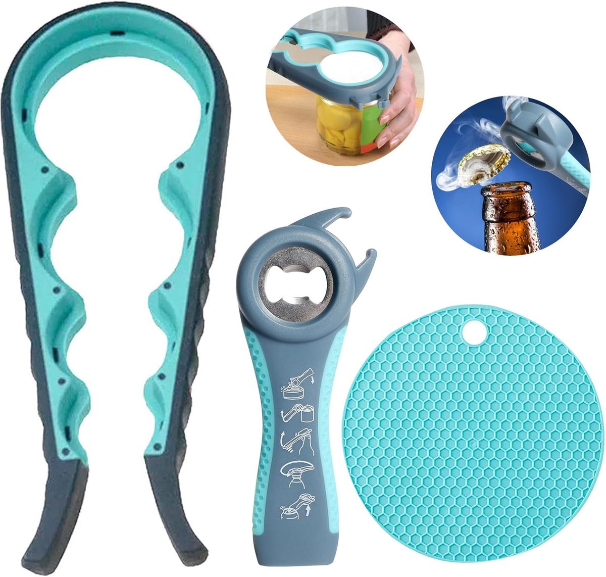 SnelShoppen - 3-delige Multifunctionele Flesopener Set voor Blikjes en Potten, Geschikt voor Senioren, Flesopener voor Vader, Schroefdekselopener, Han