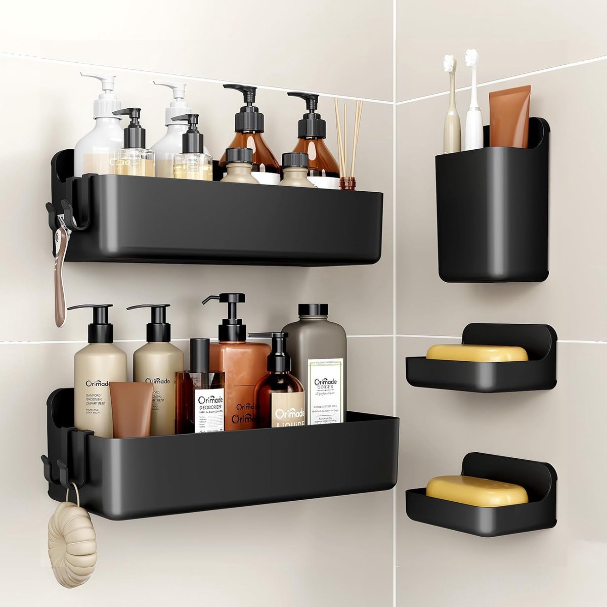 Thijox - Orimade Doucherekken 5 Stuks Roestvrij, Zelfklevende Badkamerplanken, ABS Kunststof, Sneldrogend, Zwart, Grote Capaciteit, Ideaal voor Douche