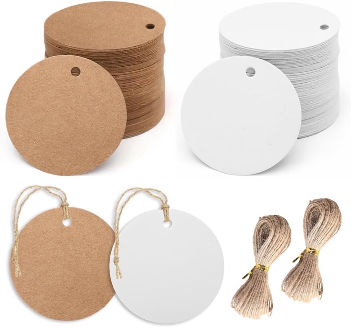Thijox - Pakket van 200 Ronde Cadeaulabels van Kraftpapier 5 cm met Touw, Perfect voor Bruiloften, Kerstmis, Cadeaus en Prijskaartjes