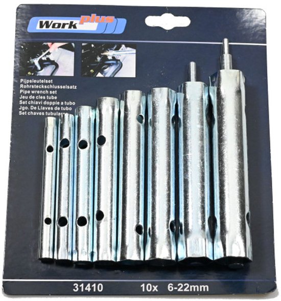 Werk Plus pijpsleutelset met 10 stuks, 6-22mm, op blisterkaart.
