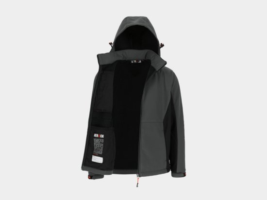 Grijze softshell werkjas, open aan de voorkant om de zwarte binnenvoering en zakken te tonen.
