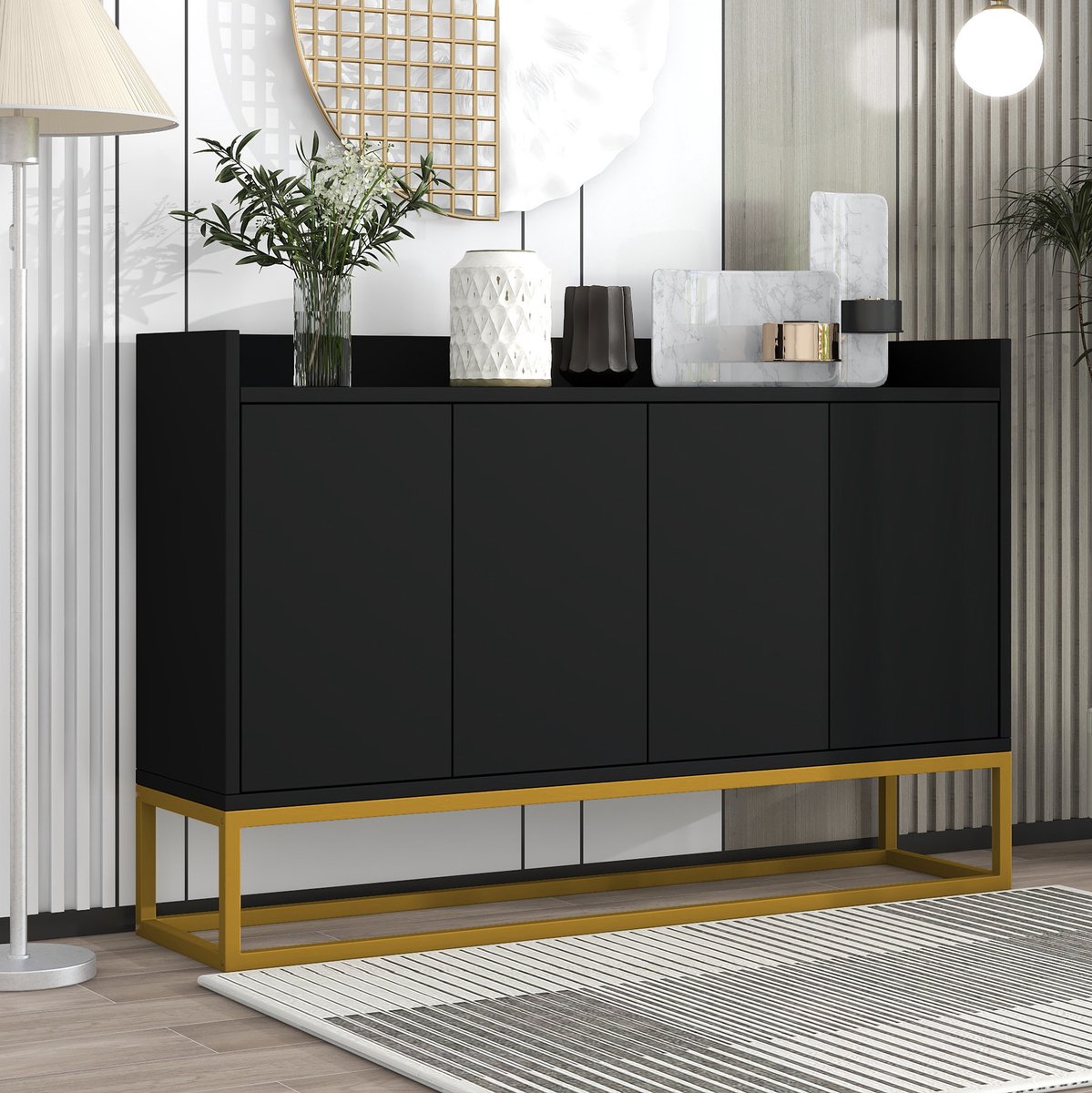 MEUNIQ dressoir 120 x 30 x 80 cm met 4 deuren, greeploos sideboard met verstelbare planken en metalen frame voor woonkamer, keuken of hal, zwart