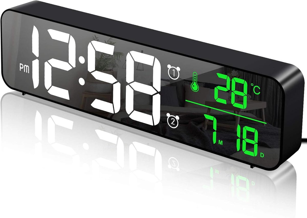 Thijox - Digitale Wekker Grote LED-display met Temperatuurweergave, Datumkalender, Spiegel Wandklok, 40 Muziek, 2 Alarmen, 6 Helderheidsniveaus, 4 Vol