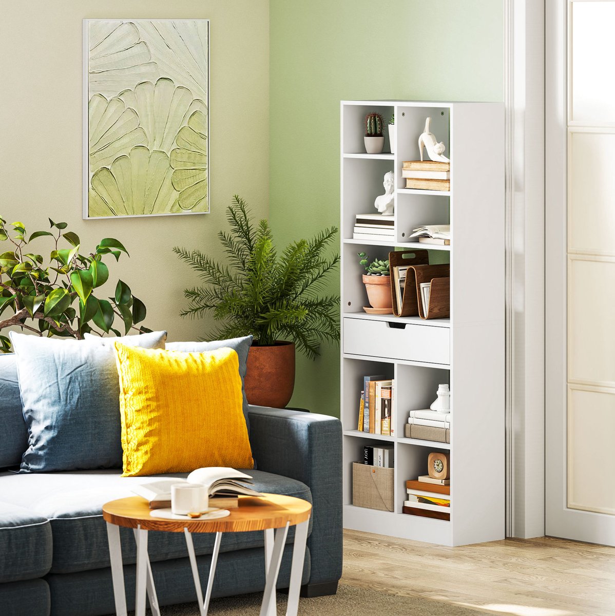 MEUNIQ Boekenkast 60 x 26 x 158 cm met 9 open vakken en 1 lade, open opbergkast met anti-kantelbeveiliging, MDF, voor woonkamer of kantoor, wit